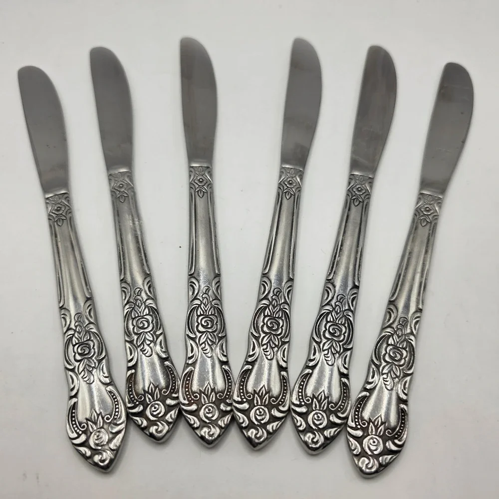 Lustreware Stainless Steel Butter Knives Set of 6 Ornate Rose Pattern Korea